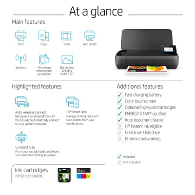 HP OfficeJet 250 Mobile All-in-One Printer Inkjet Colour MFP A4 10 ppm USB Wi-Fi Bluetooth